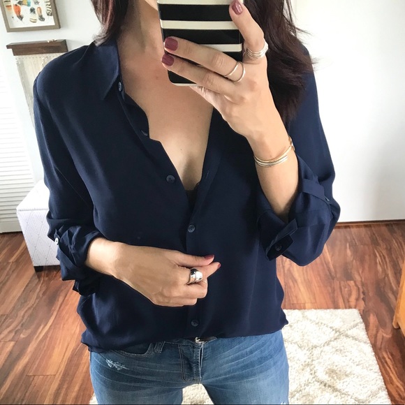 Tops - Last 1 | GRACIE Silky Boyfriend Blouse | Navy